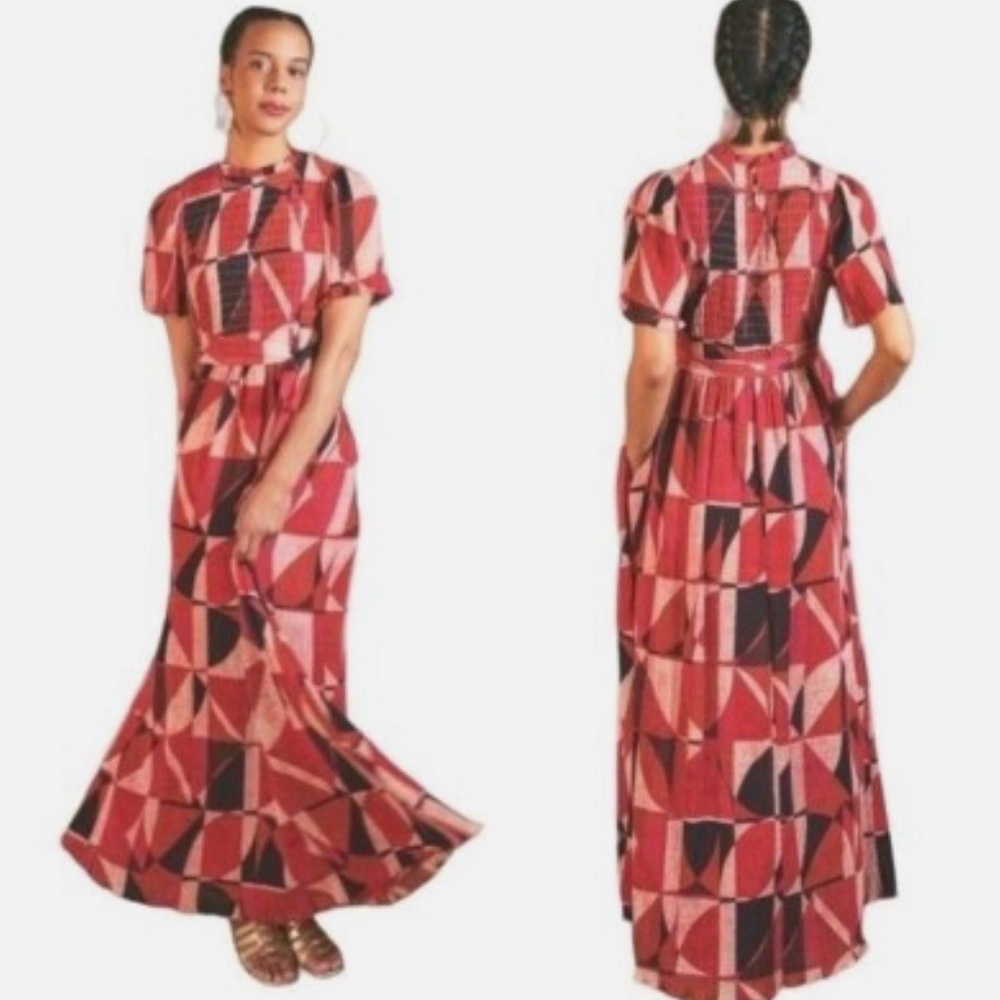 The Odells Red Marcia Geometric Maxi Dress with Belt Never Worn Before S